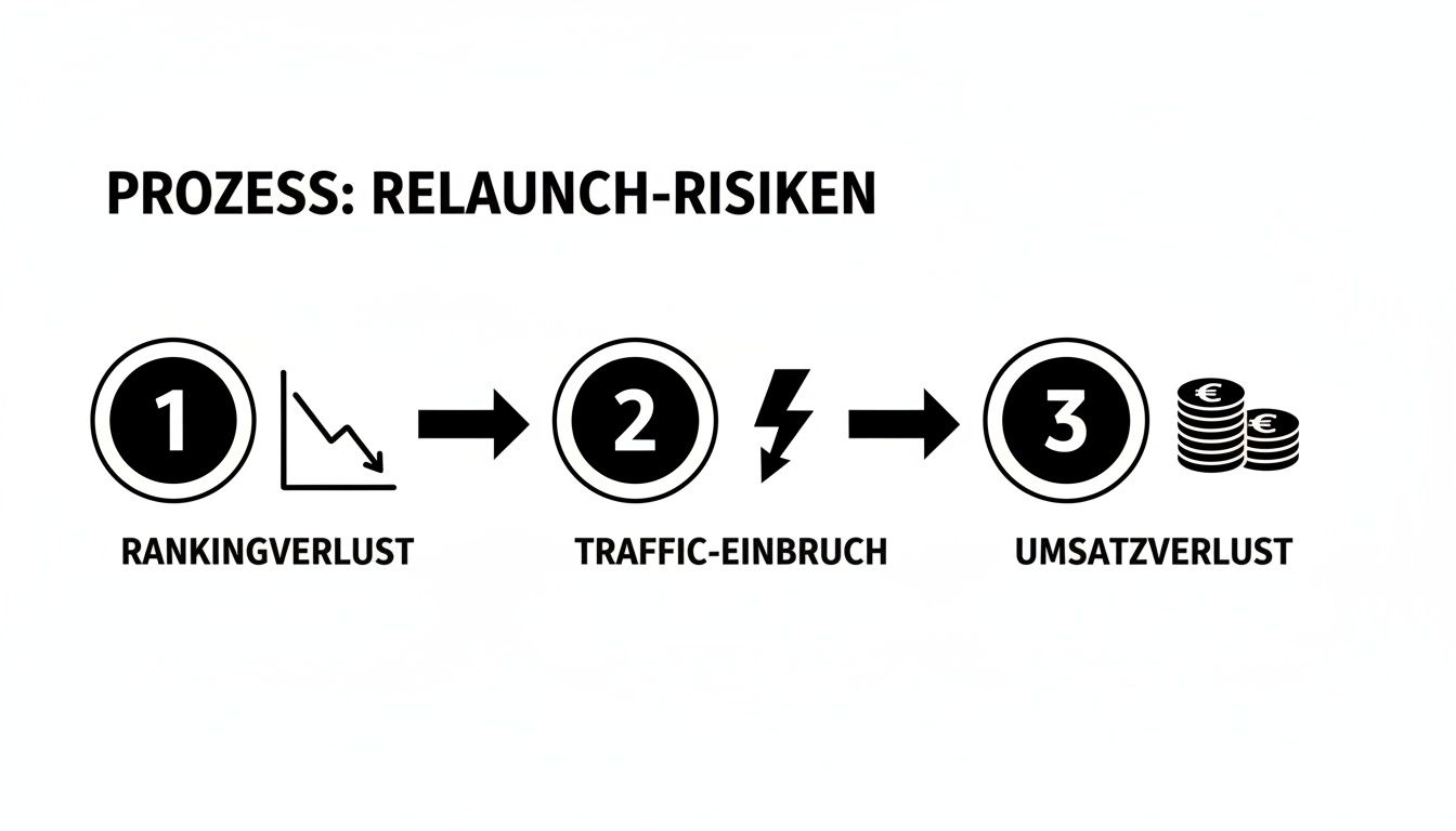 Diagramm zeigt Relaunch-Risiken: Rankingverlust, Traffic-Einbruch und Umsatzverlust in drei Schritten.