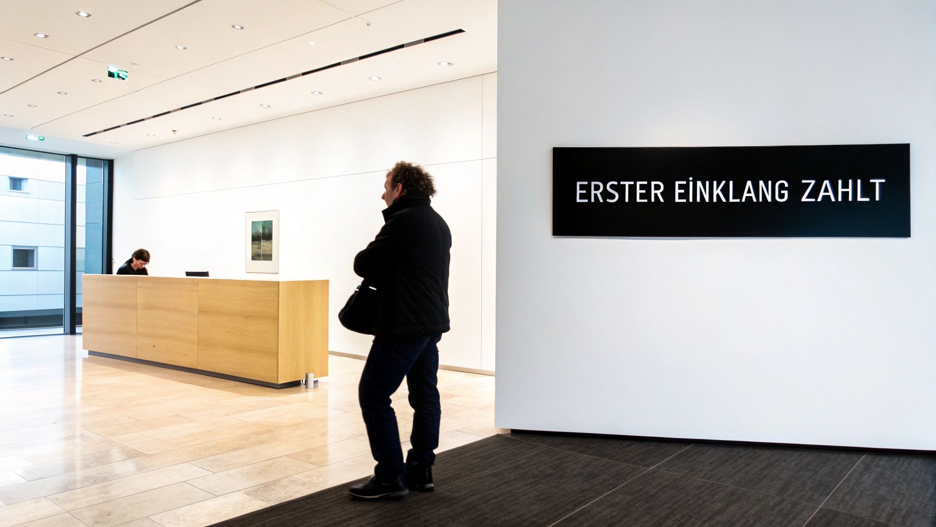Modernes Büro-Foyer mit Rezeption, einer Person dahinter und einem Mann stehend, dazu ein schwarzes Schild an der Wand.