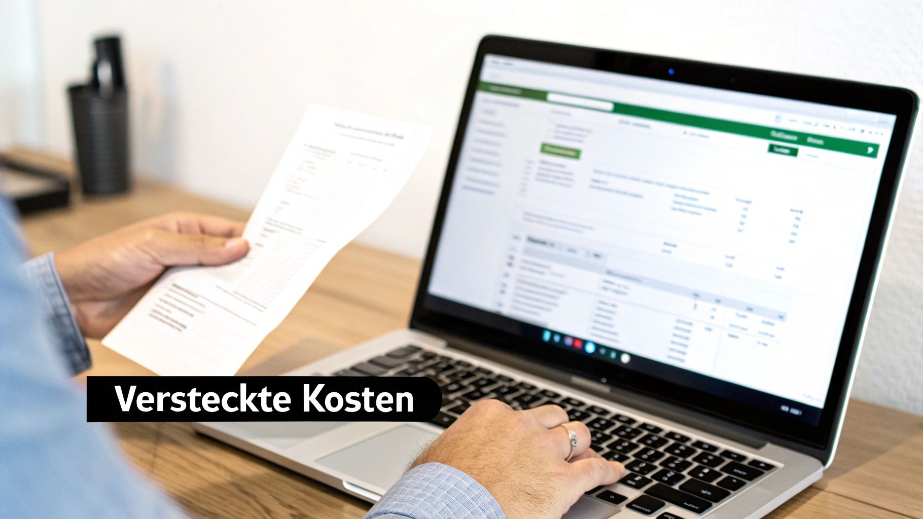Eine Person überprüft Rechnungen und Kosten am Laptop, während sie ein Dokument hält, symbolisierend versteckte Kosten.