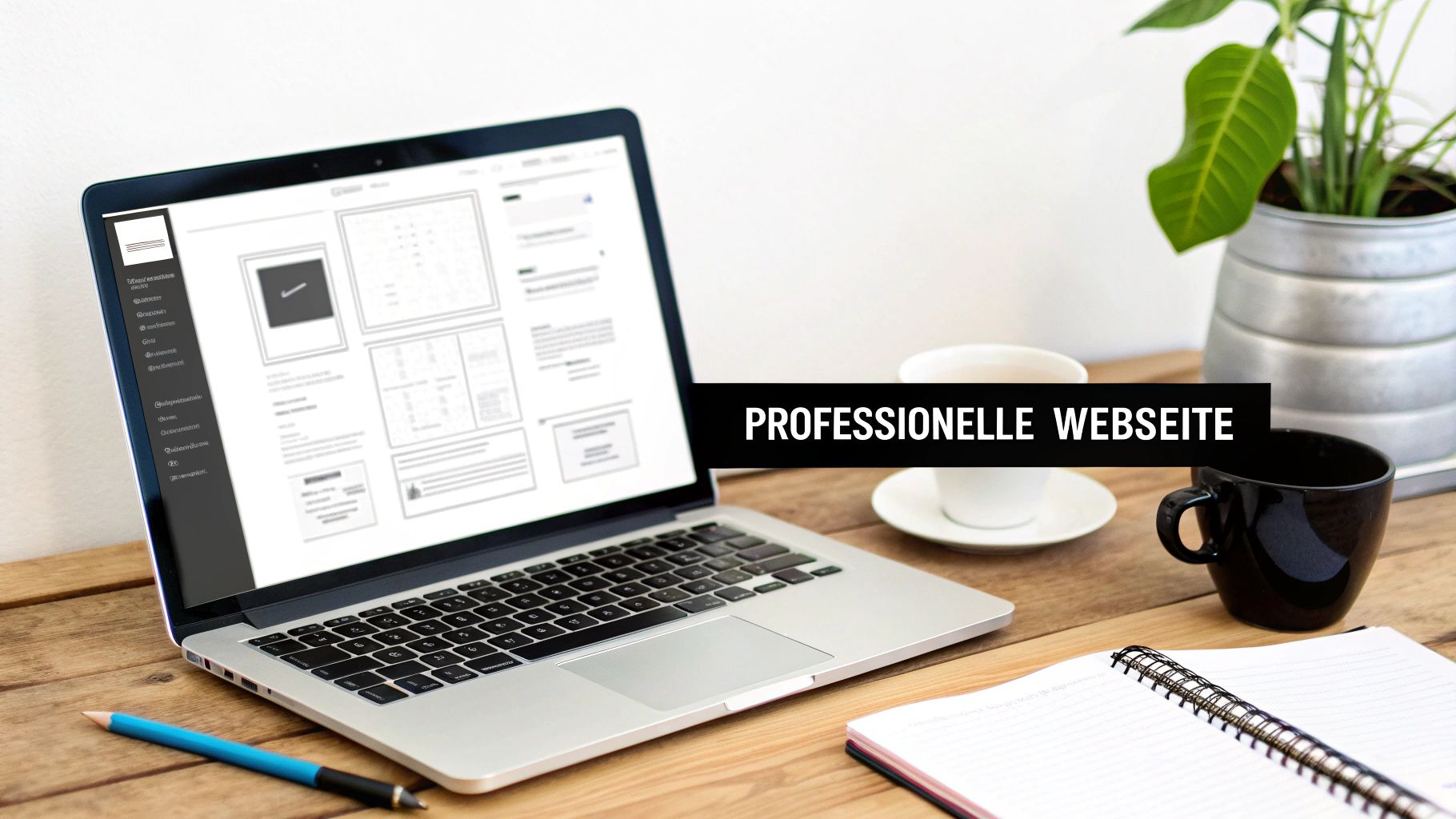 Laptop auf Holztisch mit professioneller Webseite, Kaffee und Notizbuch, symbolisiert modernes Webdesign.