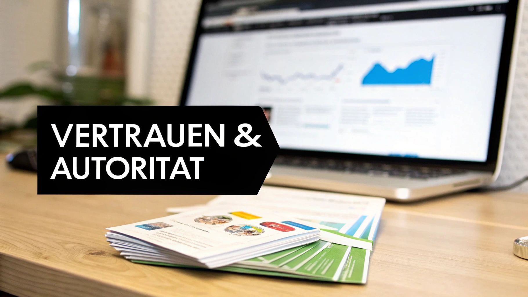 Laptop mit Grafiken, Broschüren und dem Text "Vertrauen &amp; Autorität" auf einem Schreibtisch.