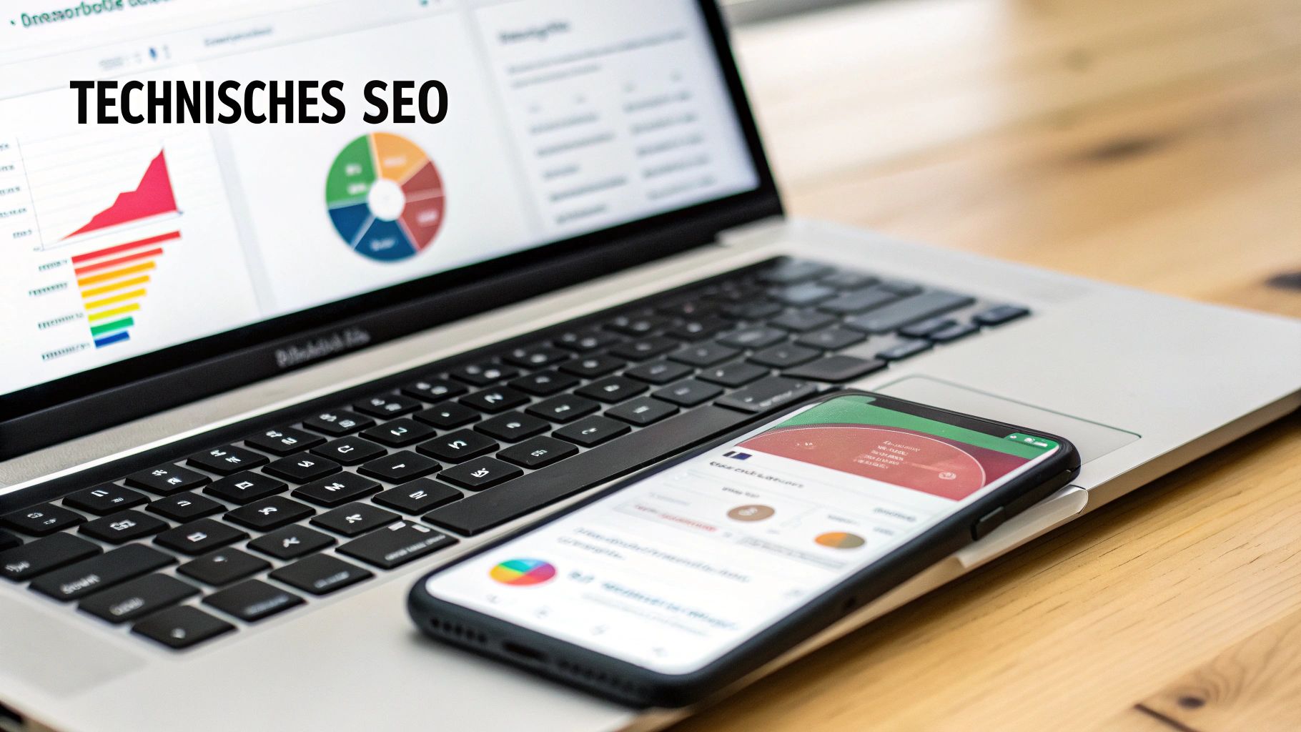 Laptop und Smartphone zeigen technische SEO-Analyse-Diagramme und Daten auf einem Holztisch.