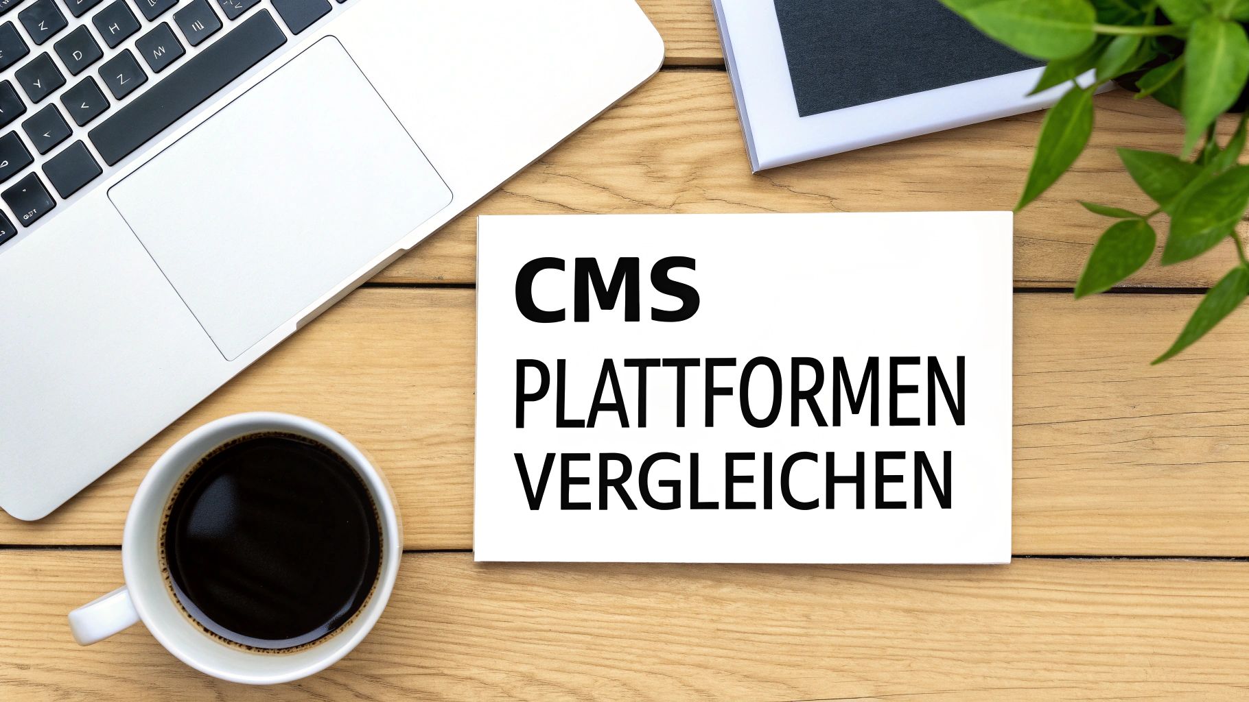 Schreibtisch-Flatlay mit Laptop, Kaffeetasse und einem Blatt Papier mit der Aufschrift 'CMS PLATTFORMEN VERGLEICHEN'.