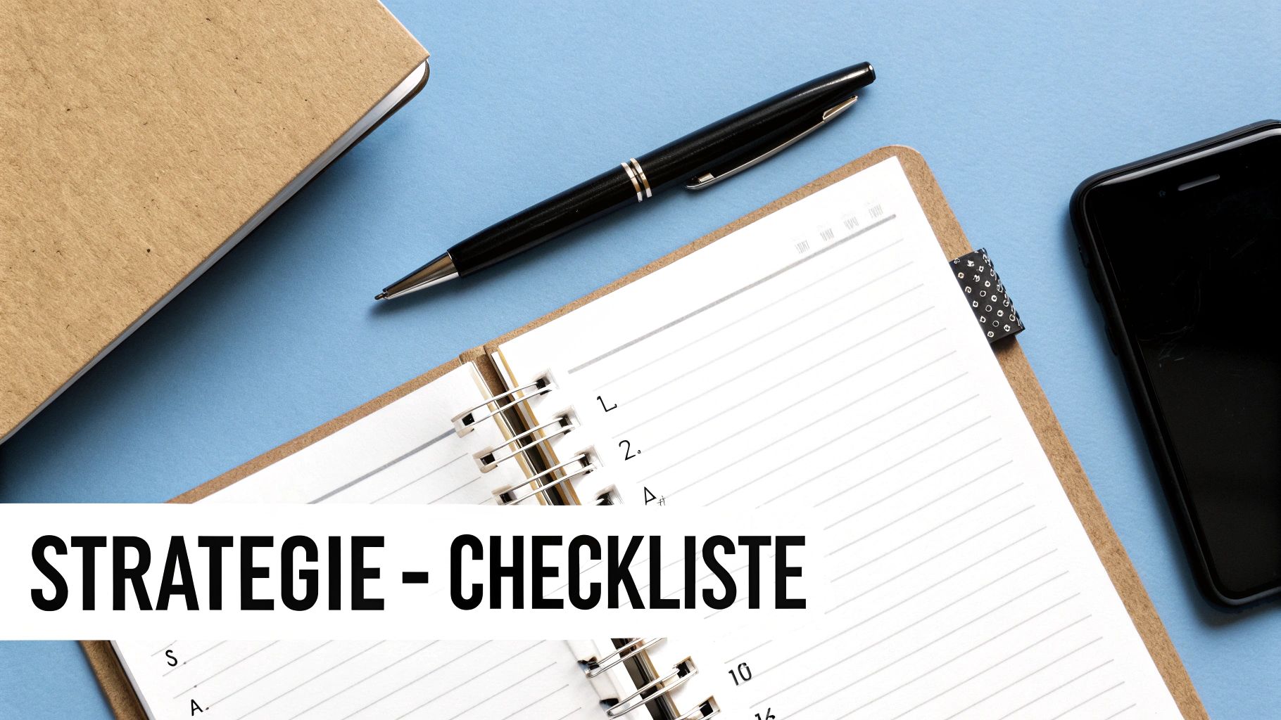 Flach gelegtes Bild mit Notizbuch, Stift, Telefon und einer offenen Checkliste, die 'STRATEGIE - CHECKLISTE' zeigt.