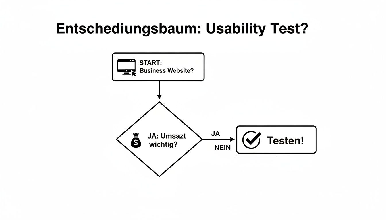 Ein Entscheidungsbaum, der die Wichtigkeit von Usability-Tests für Business-Websites humorvoll darstellt.