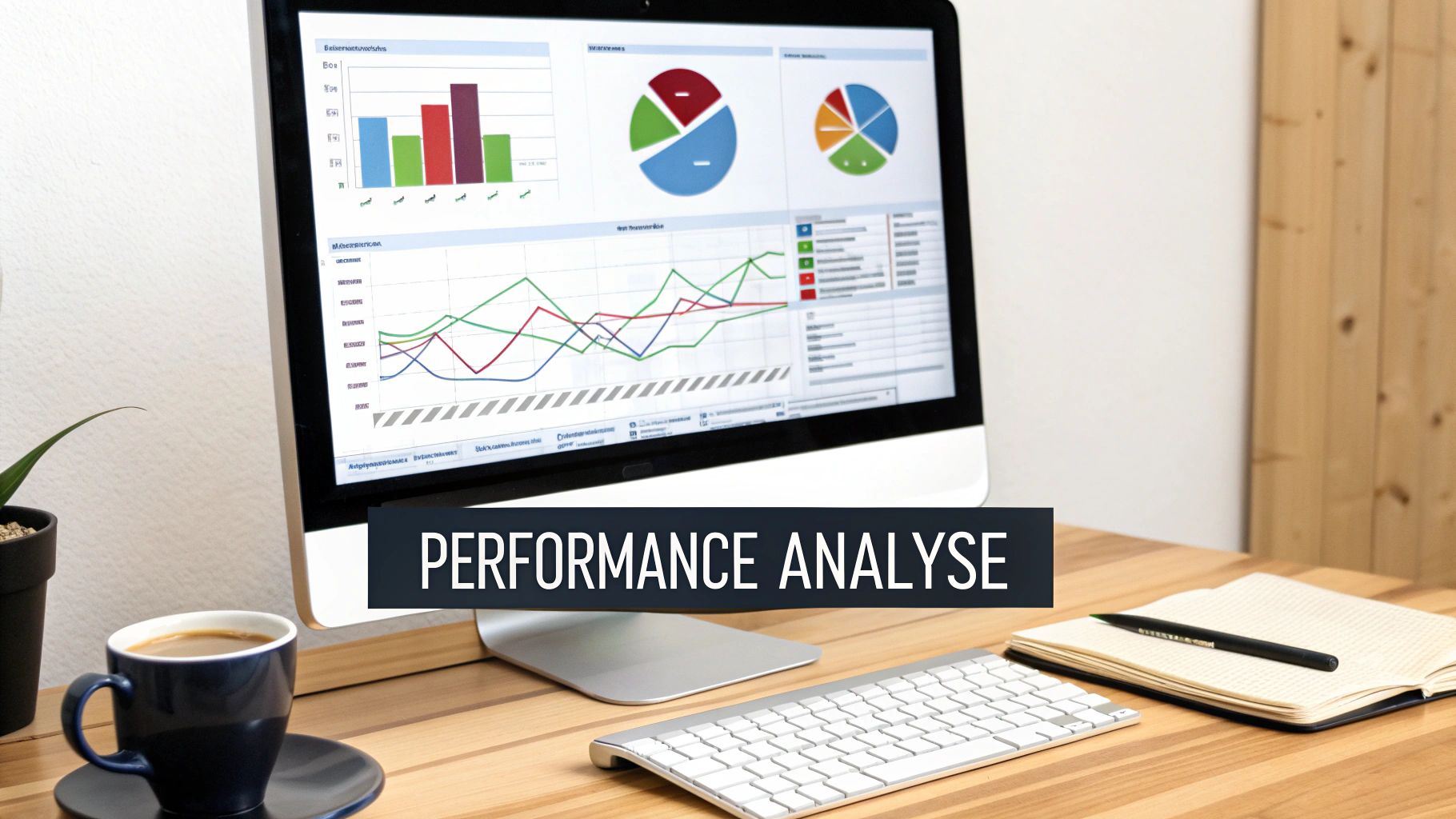 Ein Computerbildschirm zeigt Leistungsanalyse-Diagramme auf einem Schreibtisch mit Kaffee und Tastatur.