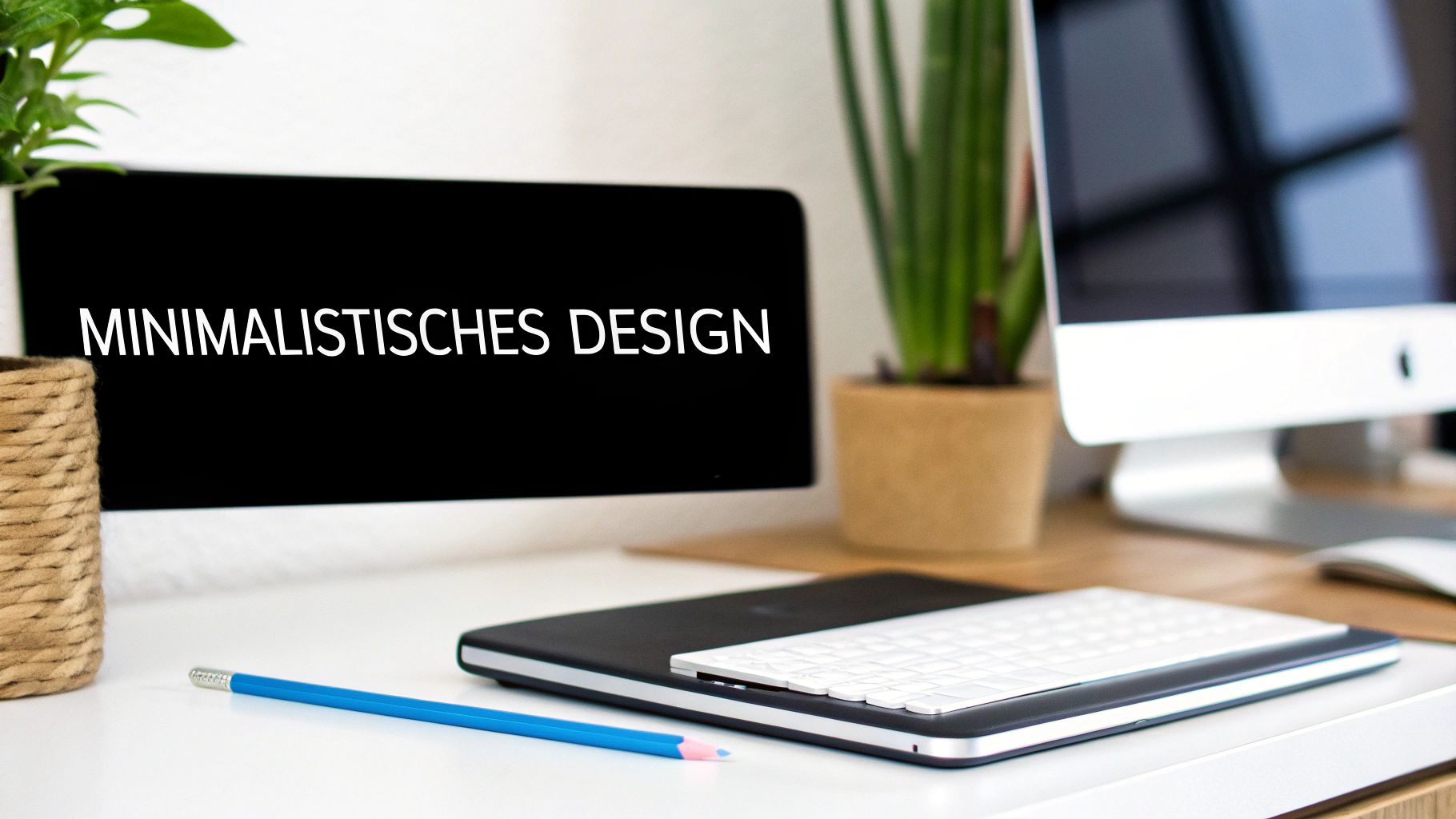 Ein minimalistischer Arbeitsplatz mit Computerbildschirm, der 'MINIMALISTISCHES DESIGN' anzeigt, umgeben von Pflanzen und Bürozubehör.