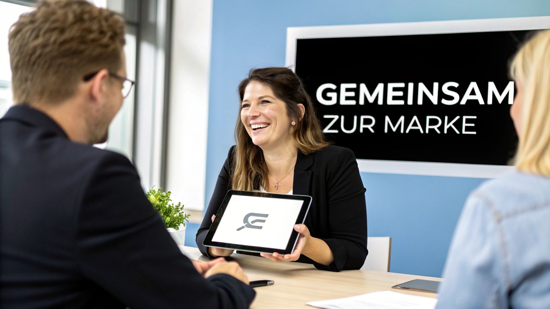 Lachende Frau präsentiert ein Logo auf einem Tablet vor zwei Kollegen in einem modernen Meetingraum mit Branding-Schriftzug.