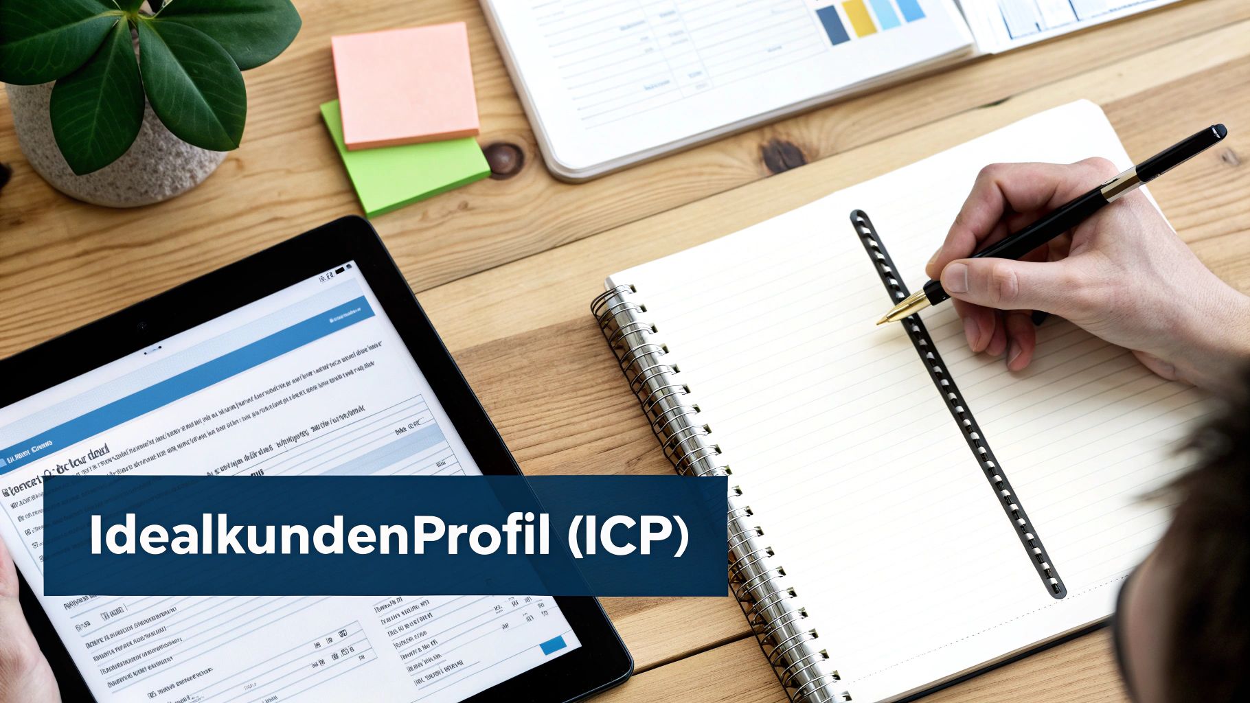 Eine Person schreibt Notizen in ein Notizbuch, während ein Tablet 'IdealkundenProfil (ICP)' anzeigt.