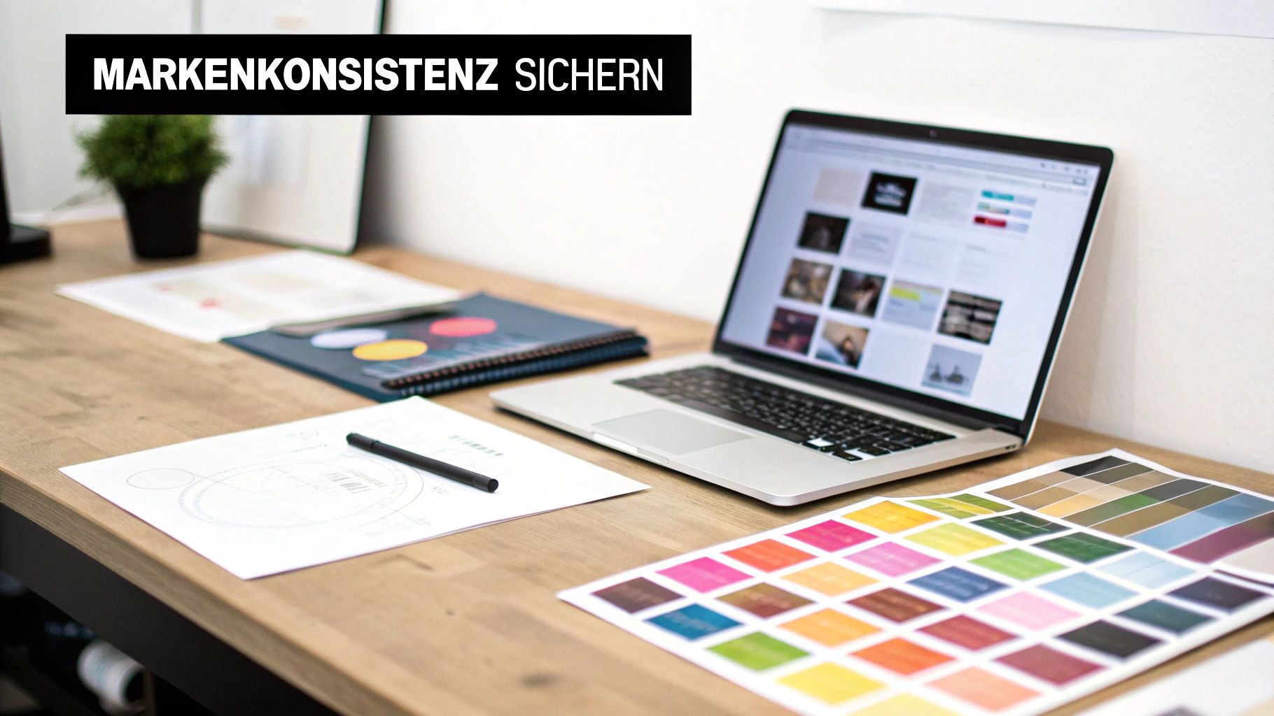 Ein Schreibtisch mit Laptop, Farbmuster und Dokumenten zur Sicherung der Markenkonsistenz im Branding.