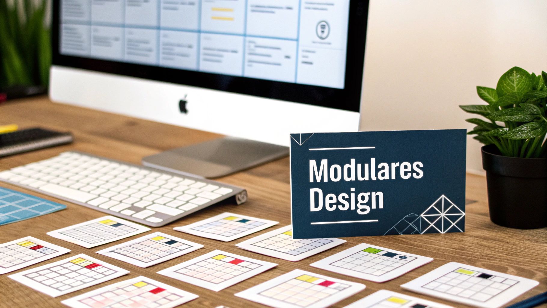 Schreibtisch mit iMac, Tastatur, Pflanze und einem Schild mit der Aufschrift "Modulares Design", umgeben von Designkarten.