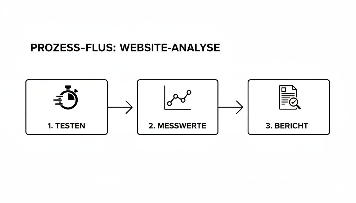 Ein Prozessflussdiagramm zur Website-Analyse mit den Schritten Testen, Messwerte erfassen und Bericht erstellen.