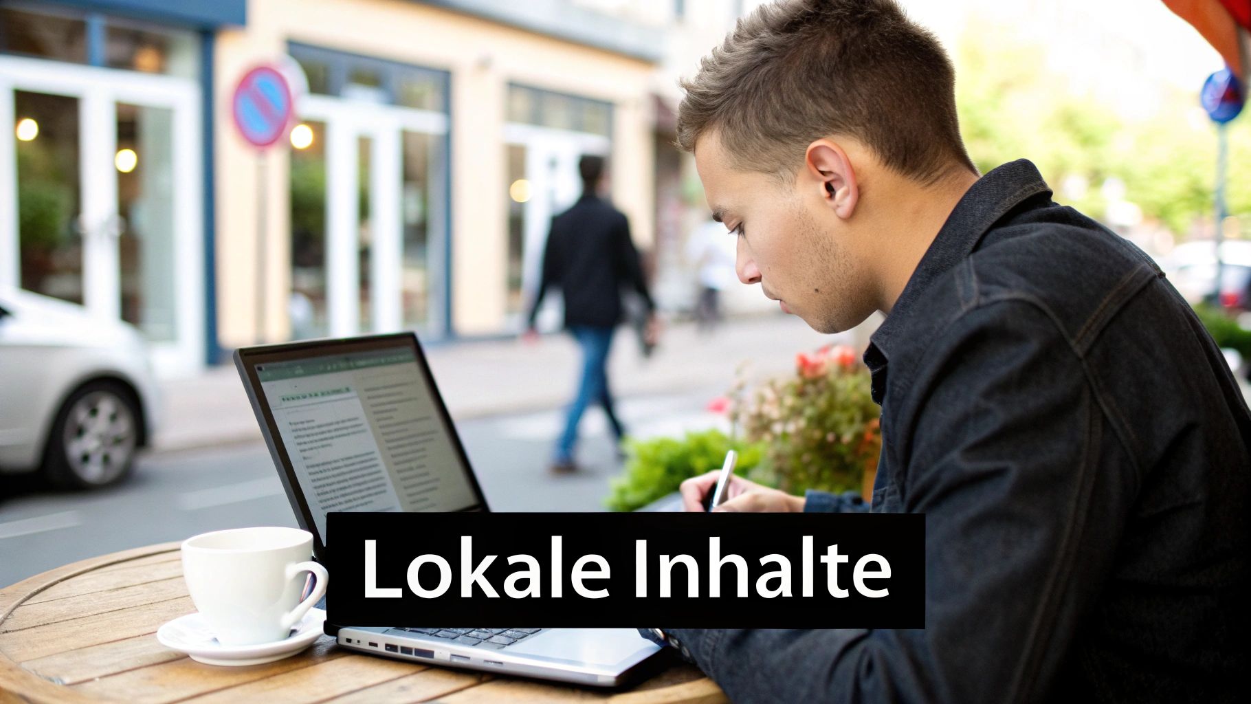 Junger Mann arbeitet konzentriert mit Laptop und Notizbuch an einem Café-Tisch im Freien.