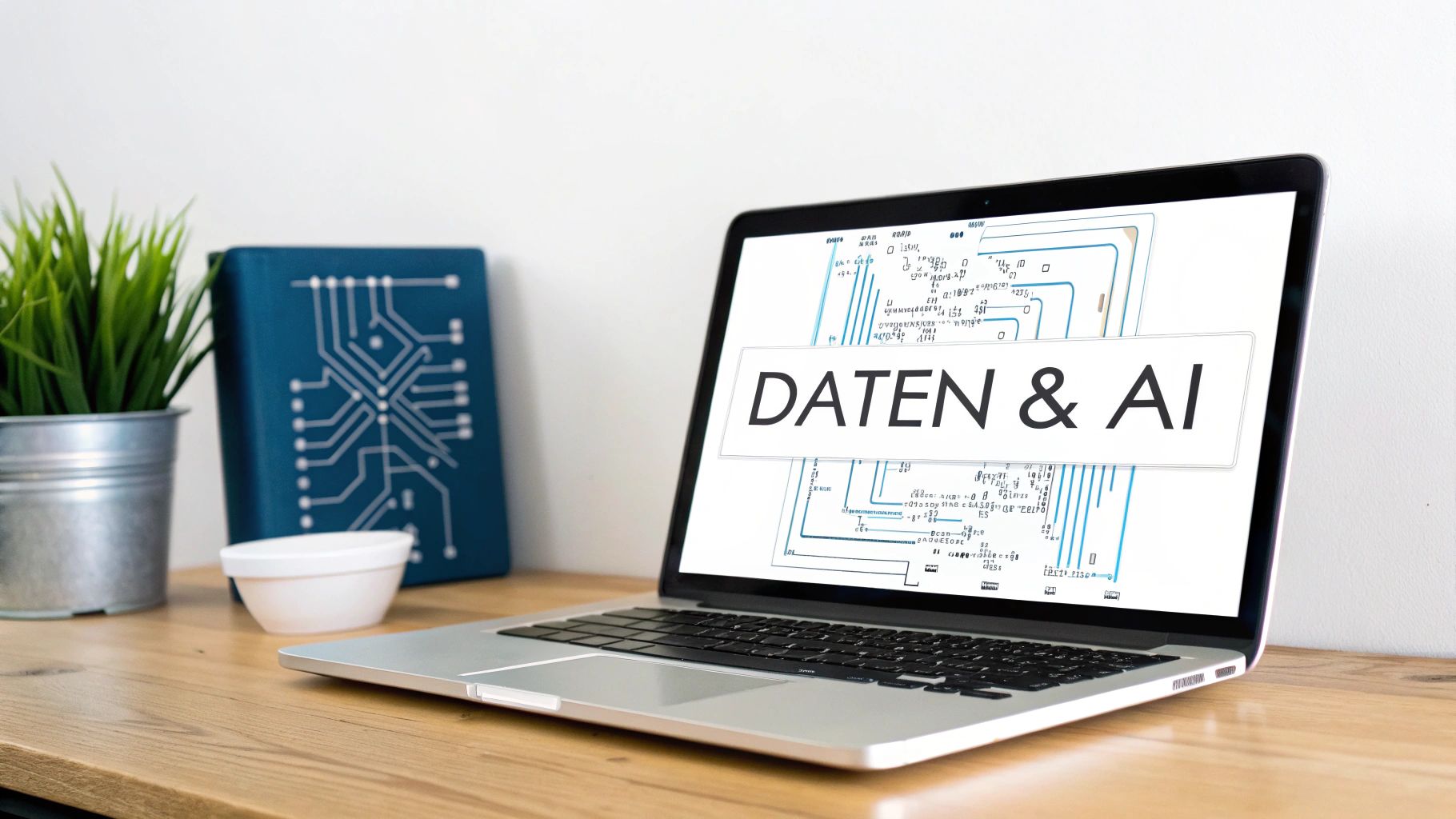 Laptop auf Schreibtisch mit 'Daten &amp; AI' auf dem Bildschirm, umgeben von technologischen Büchern und einer Pflanze.