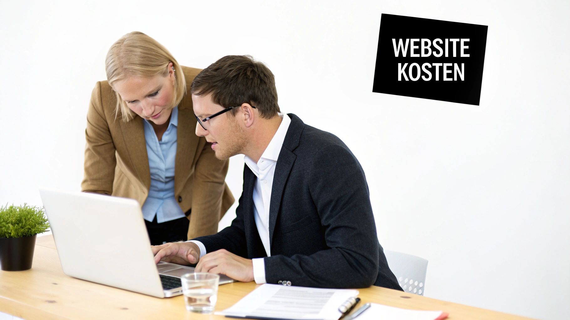 Zwei Geschäftsleute besprechen konzentriert am Laptop die Kosten für eine Website.