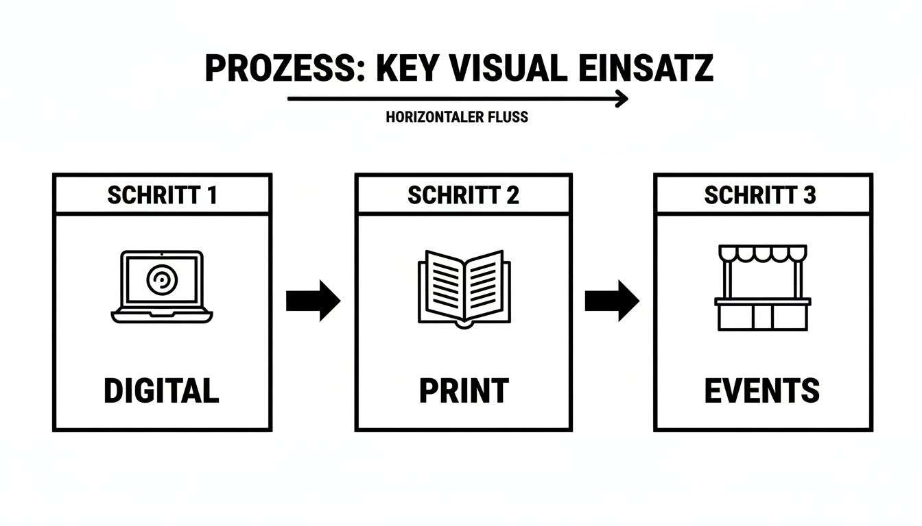 Prozessdiagramm zur Nutzung eines Key Visuals in drei Schritten: Digital, Print und Events.