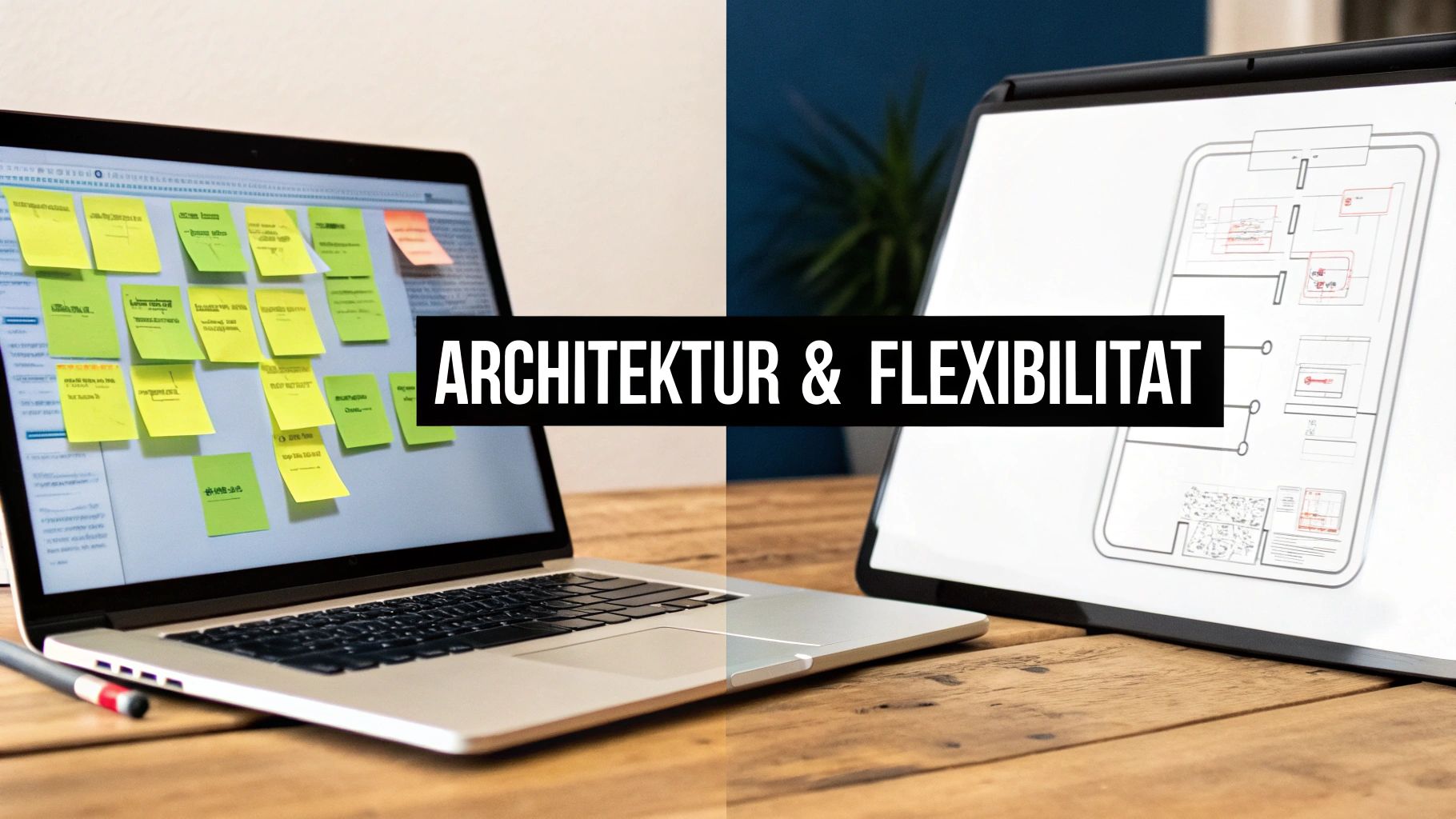 Ein Laptop mit vielen gelben Post-its und ein Whiteboard mit einer Skizze. Text: Architektur & Flexibilität.