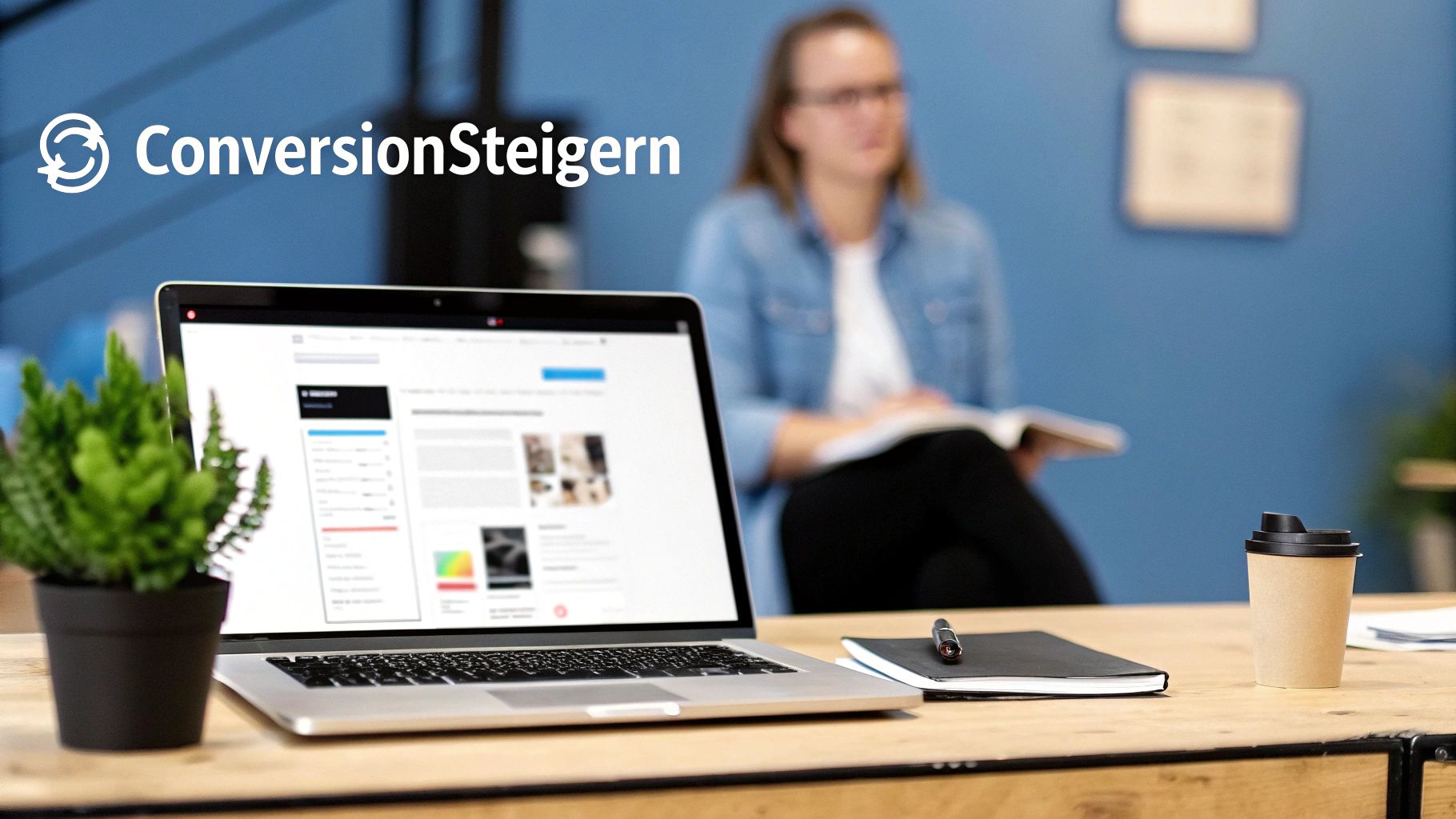 Ein Laptop auf einem Holztisch zeigt eine Website, daneben stehen eine Pflanze, Notizbuch und Kaffee. Eine Person ist im Hintergrund unscharf zu sehen.