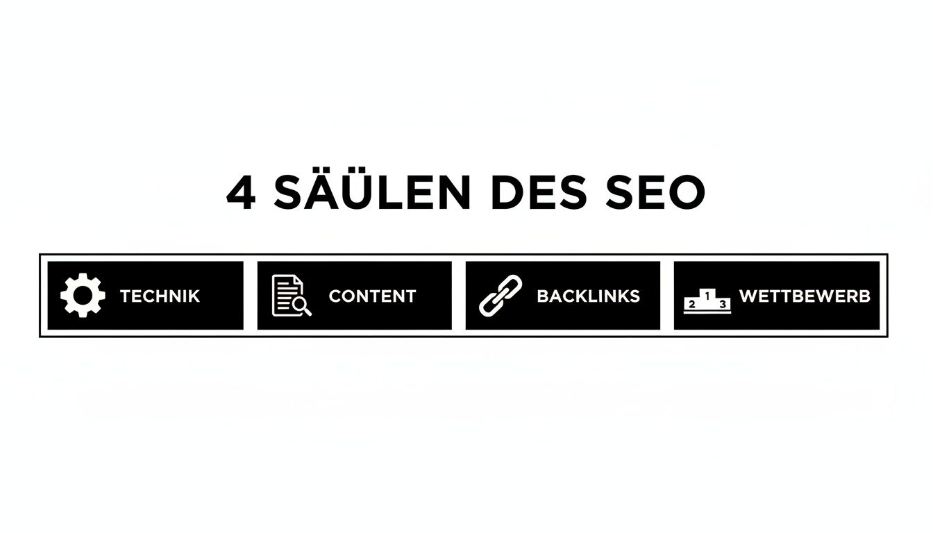 Vier Säulen des SEO: Technik, Content, Backlinks und Wettbewerb für erfolgreiche Suchmaschinenoptimierung.