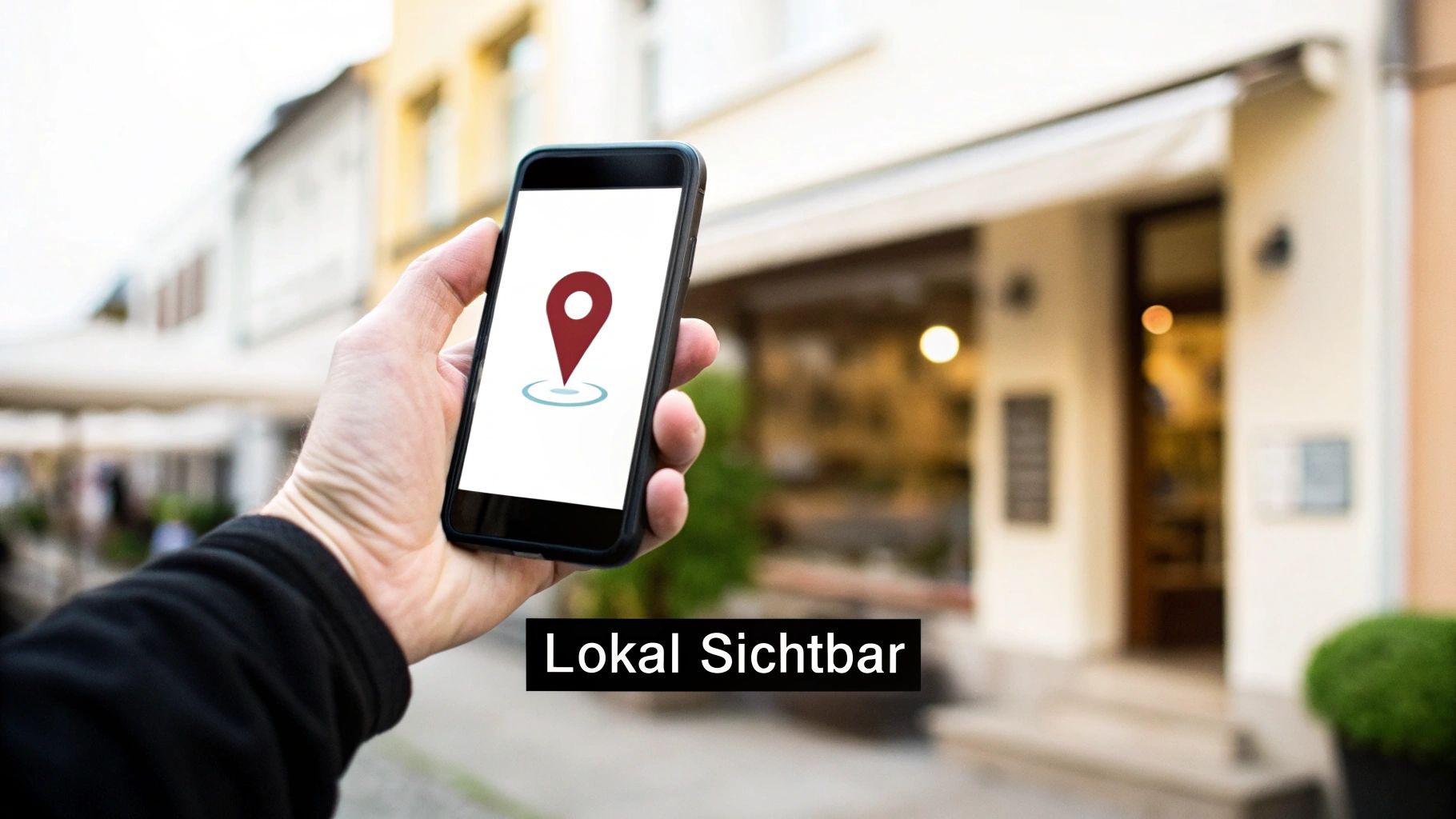Hand hält Smartphone mit Standort-Pin vor unscharfem Hintergrund einer Ladenstraße. Text: Lokal Sichtbar.