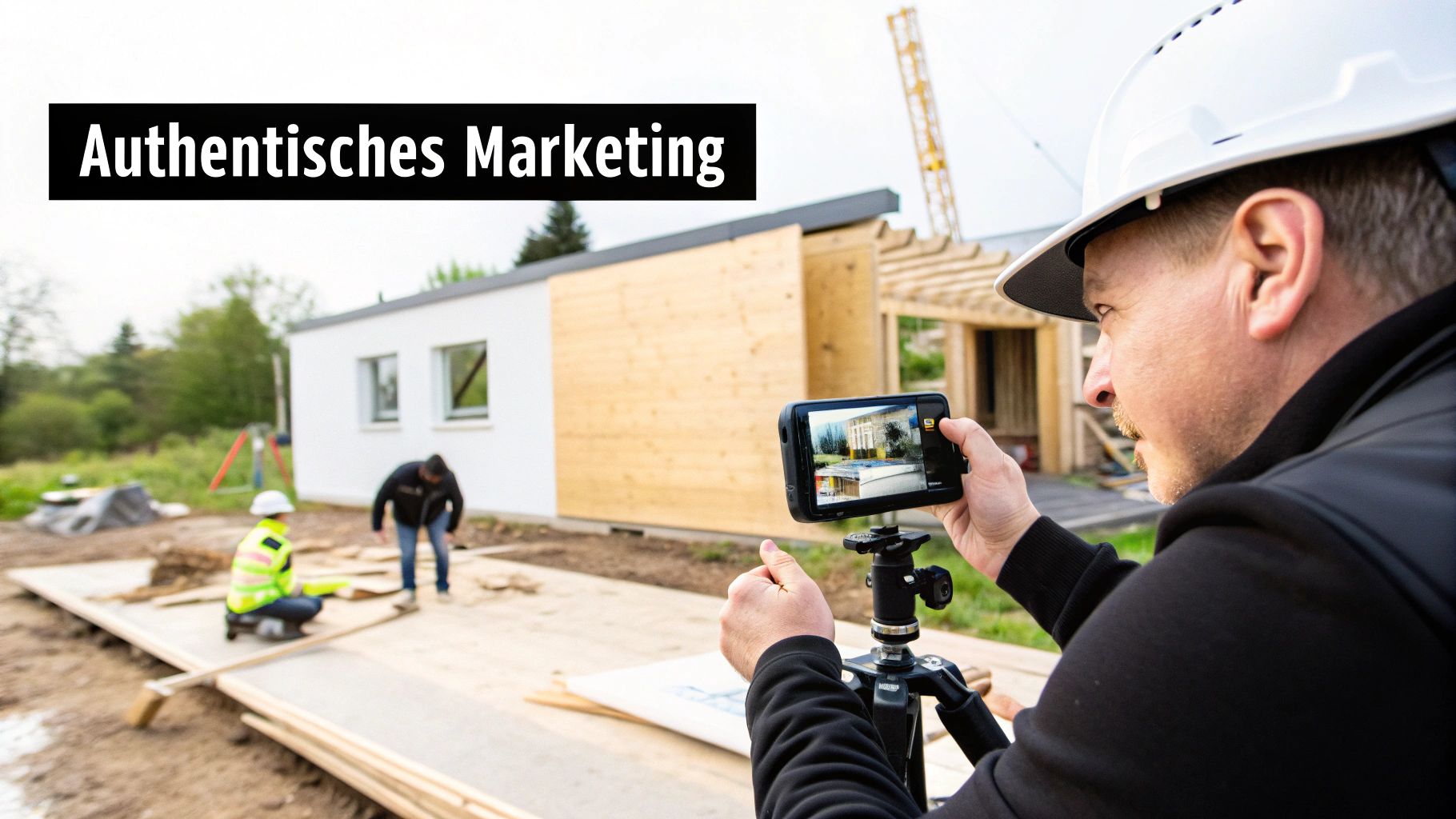 Mann mit Helm filmt Baustelle mit Smartphone auf Stativ für authentisches Marketing.