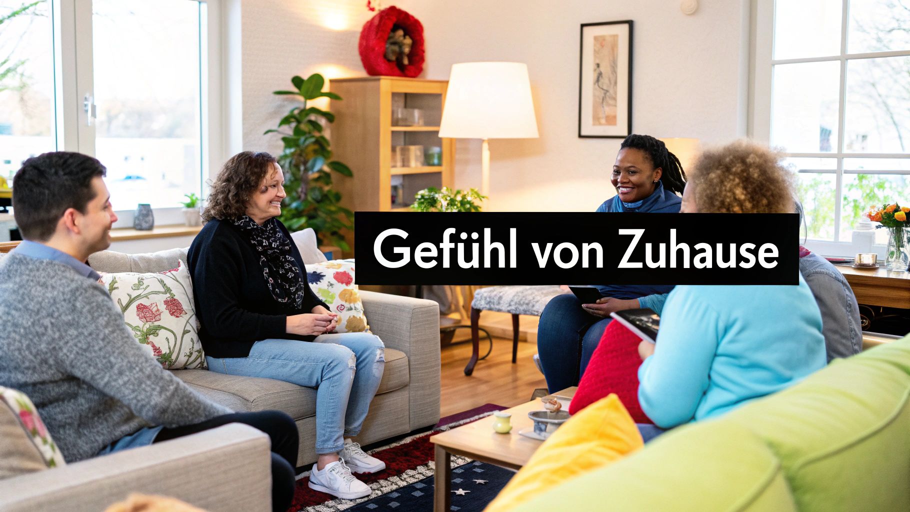 Diverse Menschen entspannen sich in einem gemütlichen Wohnzimmer, das ein Gefühl von Zuhause vermittelt.
