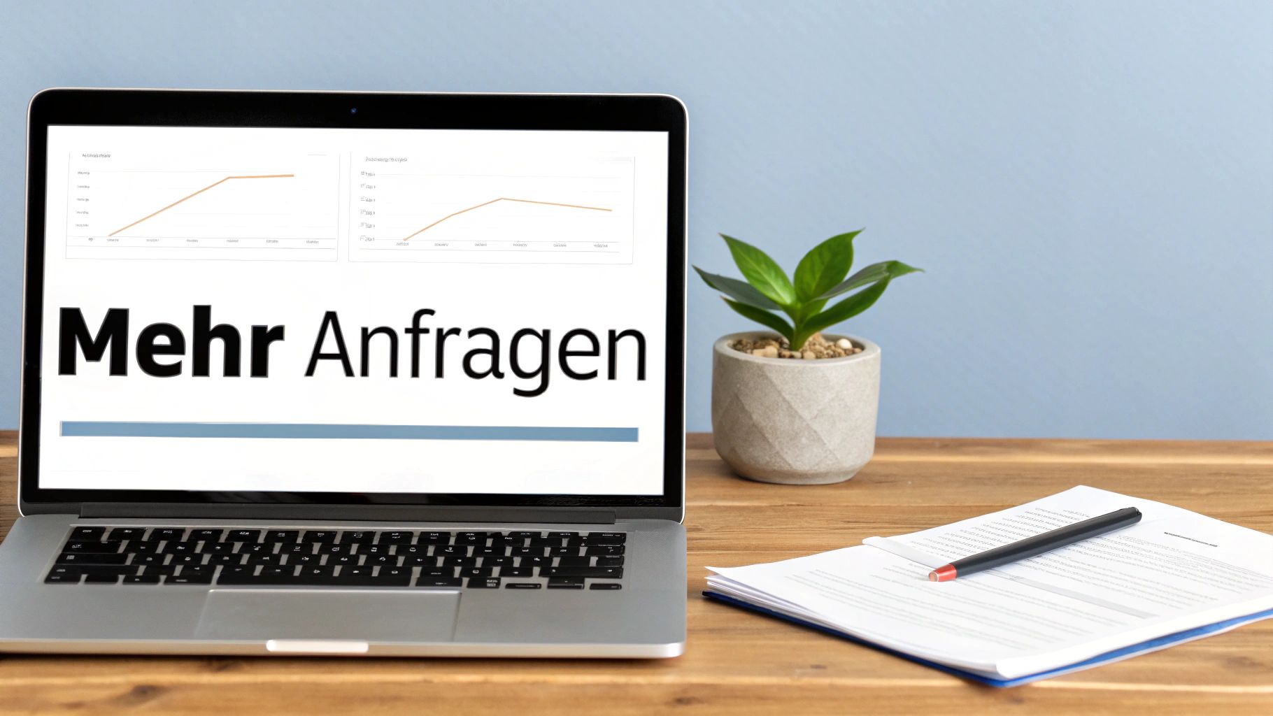 Laptop auf einem Holzschreibtisch zeigt Diagramme und den Text 'Mehr Anfragen', daneben eine Pflanze und Dokumente.