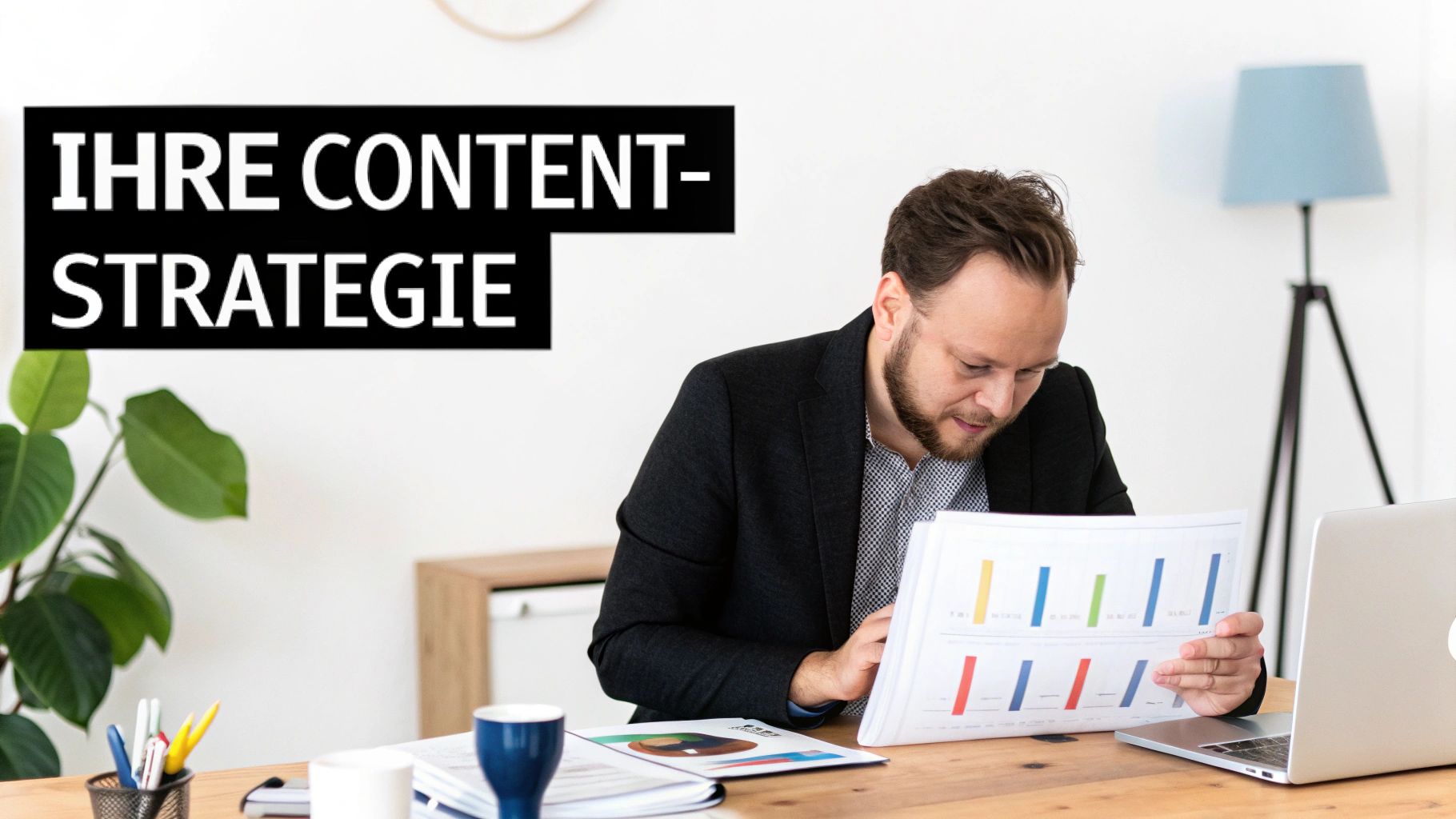 Ein Mann analysiert Dokumente mit Diagrammen an einem Schreibtisch mit Laptop unter der Aufschrift 'Ihre Content-Strategie'.