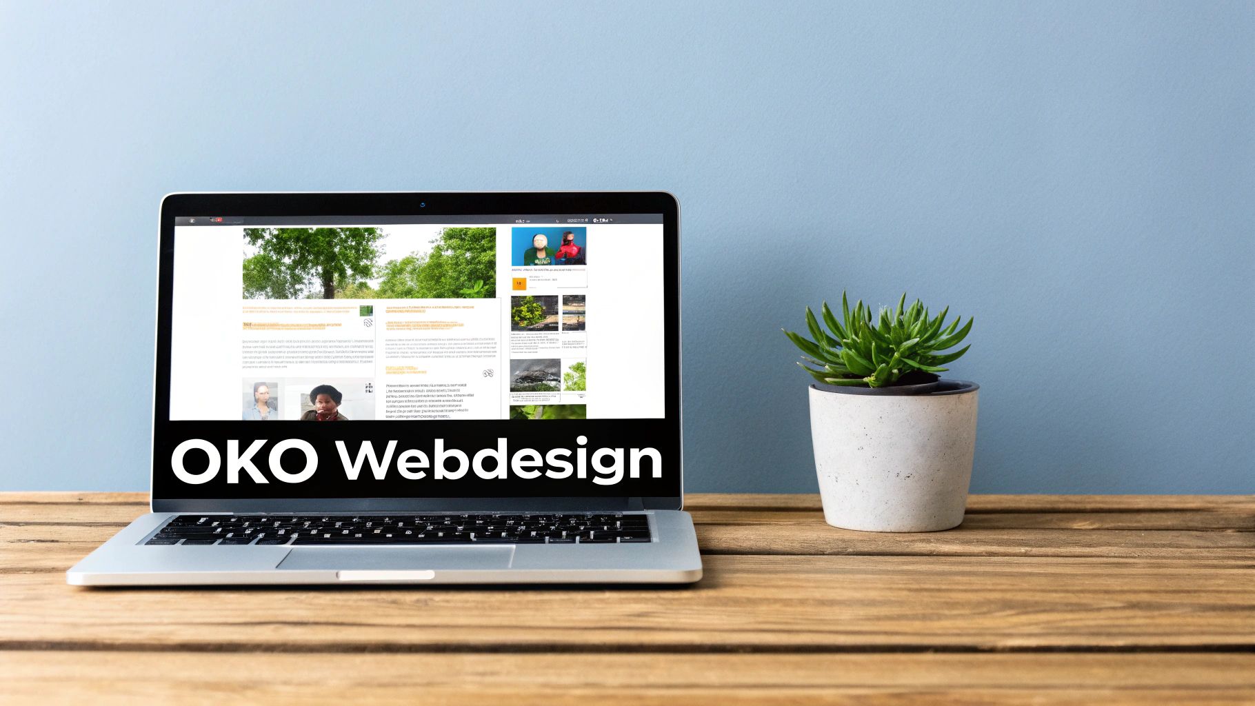 Laptop auf Holztisch zeigt die Website 'OKO Webdesign' mit Naturbildern. Daneben steht eine grüne Sukkulente.