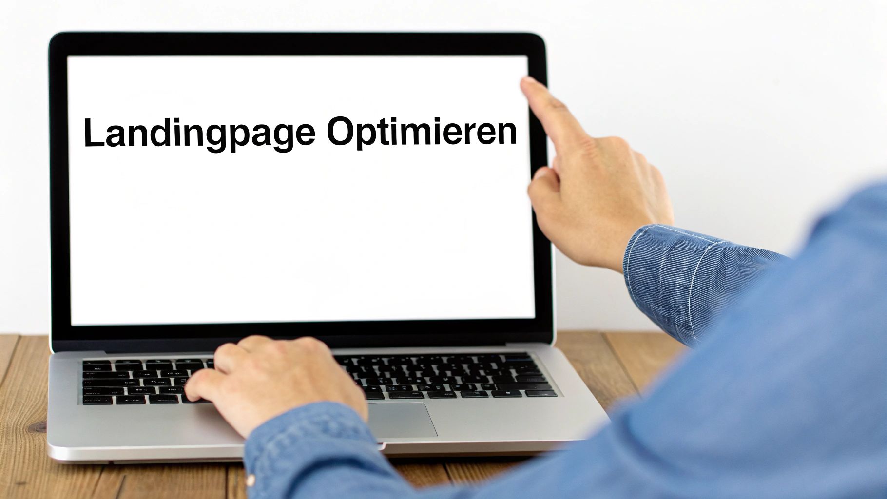 Eine Person optimiert eine Landingpage an einem Laptop. Die Hände tippen und zeigen auf den Bildschirm.