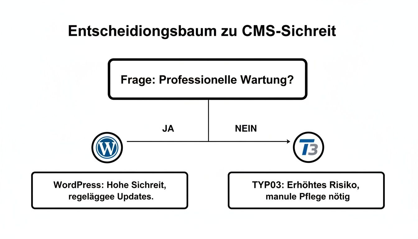 Entscheidungsbaum zur CMS-Sicherheit: WordPress mit professioneller Wartung bietet hohe Sicherheit, TYPO3 erhöhtes Risiko.