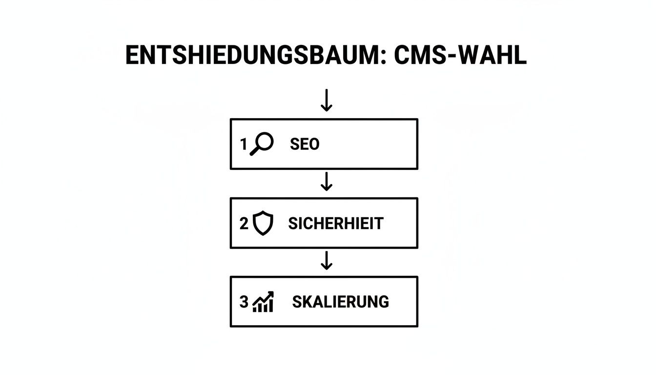 Ein Entscheidungsbaum zur CMS-Wahl, der die Kriterien SEO, Sicherheit und Skalierung auflistet.