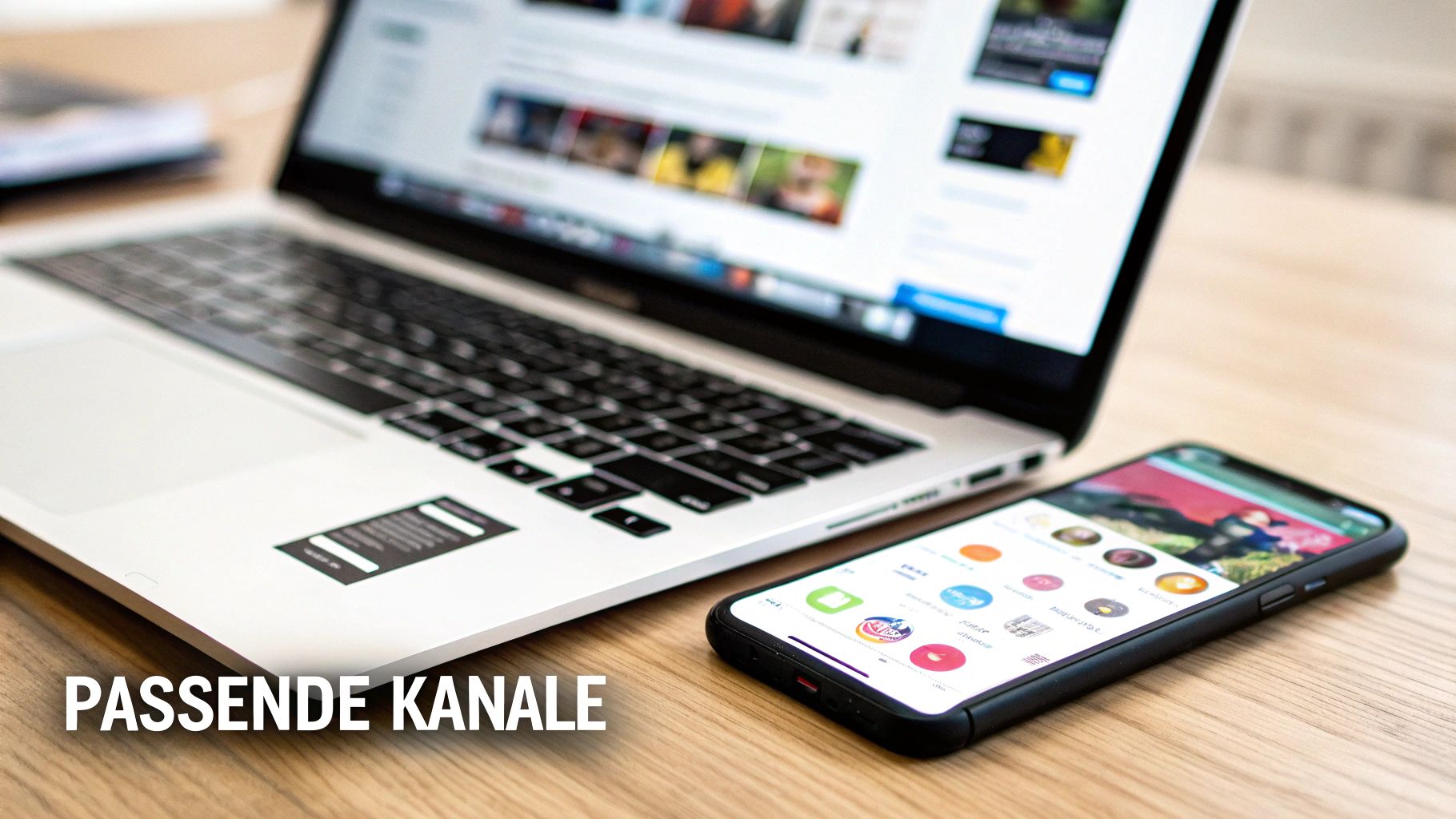 Ein Laptop und Smartphone liegen auf einem Holztisch und zeigen passende digitale Kanäle.