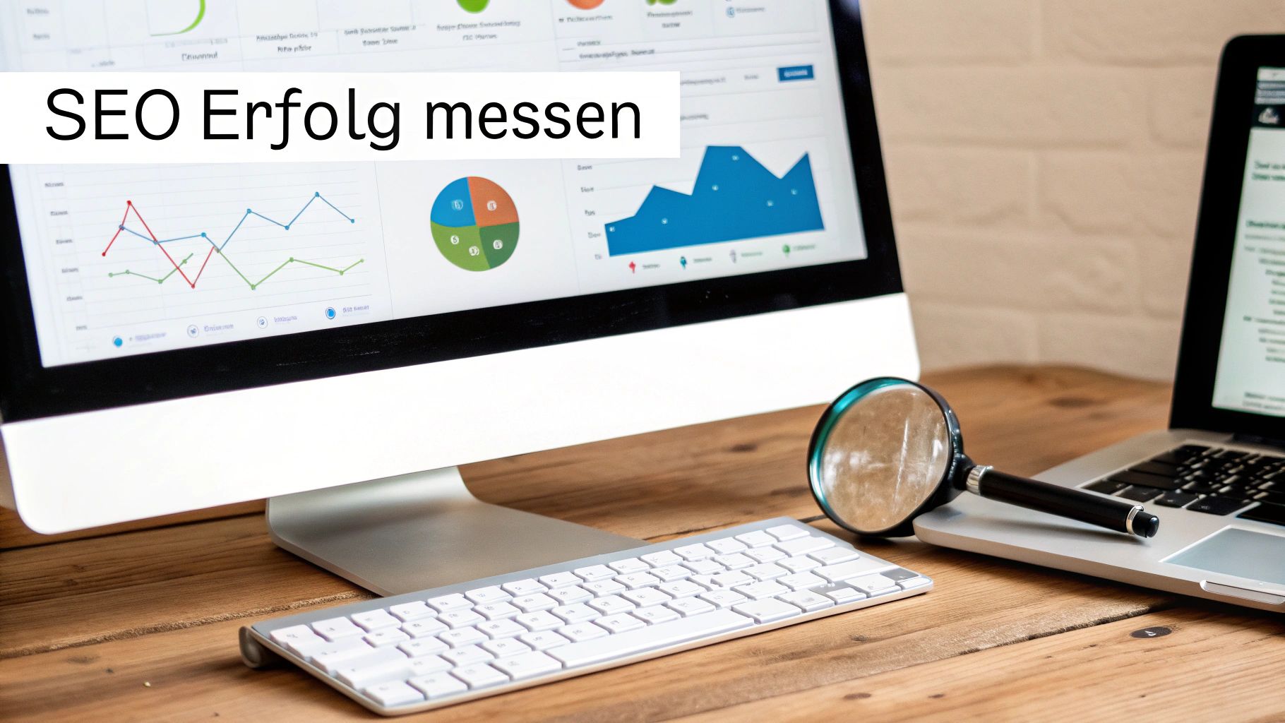 Bildschirm zeigt SEO-Analyse-Diagramme und Texte an, daneben Tastatur, Laptop und Lupe auf einem Holztisch.
