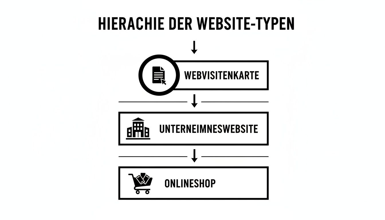 Hierarchie der Website-Typen: Webvisitenkarte, Unternehmenswebsite und Onlineshop in absteigender Reihenfolge dargestellt.
