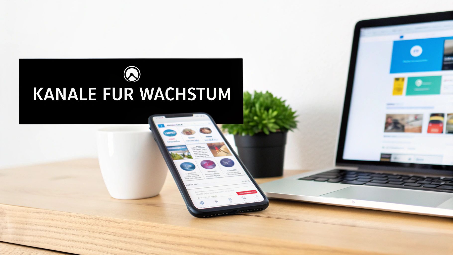 Ein Schreibtisch mit Laptop, Smartphone, Kaffeetasse und Pflanze. Schwarzer Banner mit Text: 'KANALE FÜR WACHSTUM'.