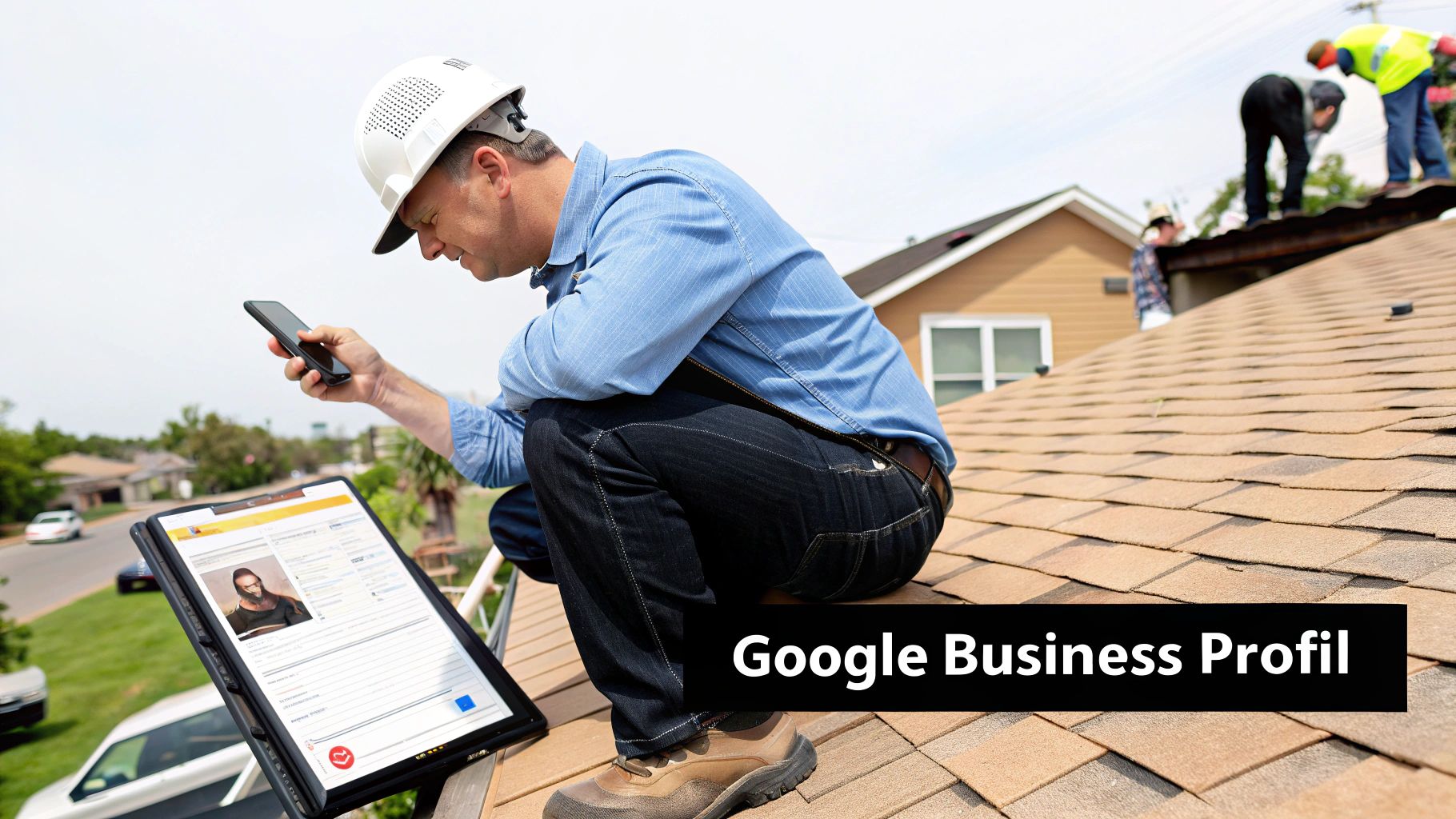 Dachdecker auf einem Dach bearbeitet sein Google Business Profile auf einem Tablet und Smartphone, während andere Arbeiter im Hintergrund tätig sind.