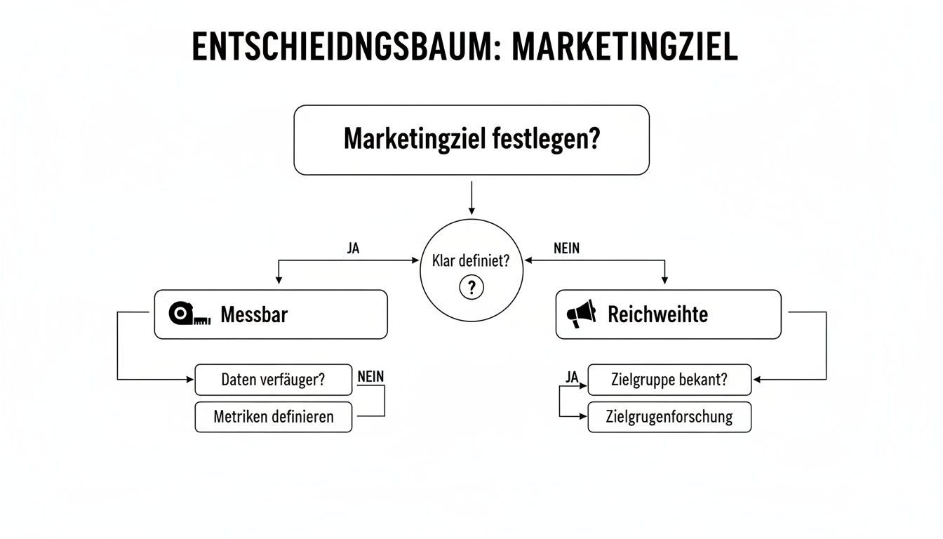 Entscheidungsbaum zum Marketingziel, der durch Definition, Messbarkeit, Datenverfügbarkeit und Zielgruppenanalyse leitet.