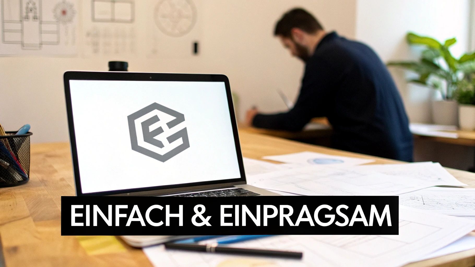 Laptop mit geometrischem Logo auf dem Bildschirm, Schreibtisch mit Dokumenten und arbeitender Person, Text 'EINFACH &amp; EINPRAGSAM'.
