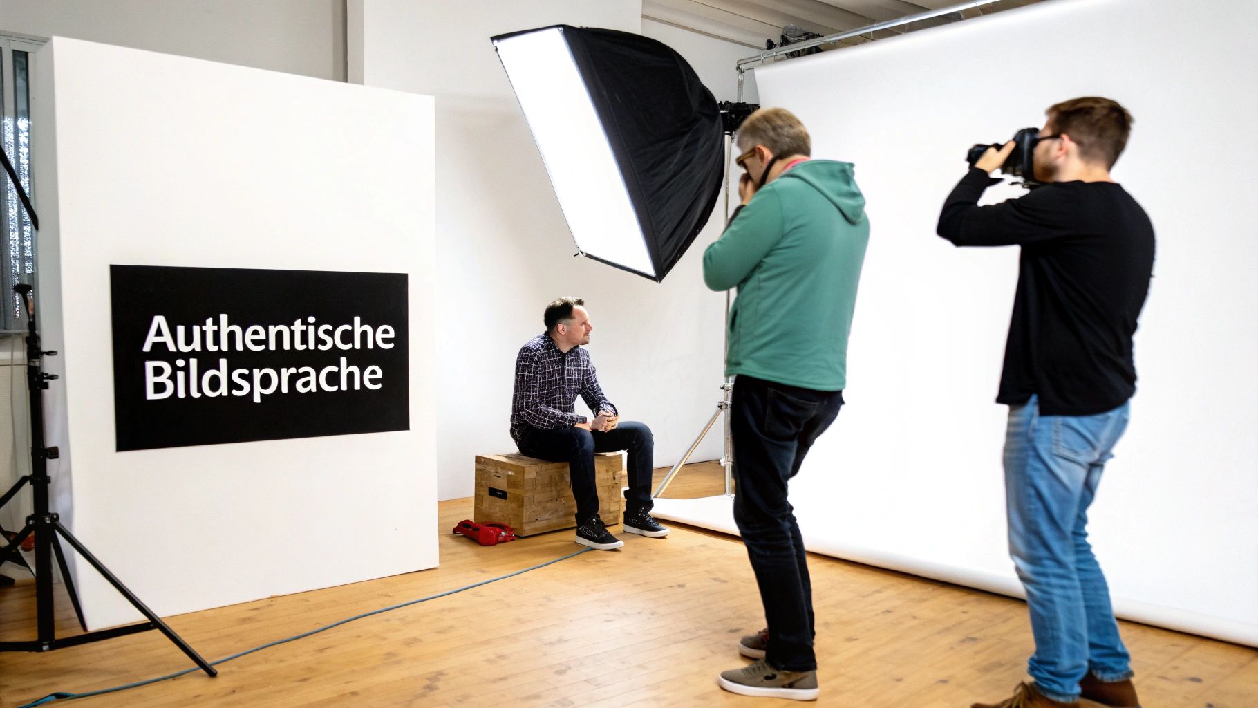 Ein Fotoshooting im Studio mit einem sitzenden Model und zwei Fotografen, daneben ein Schild mit „Authentische Bildsprache“.
