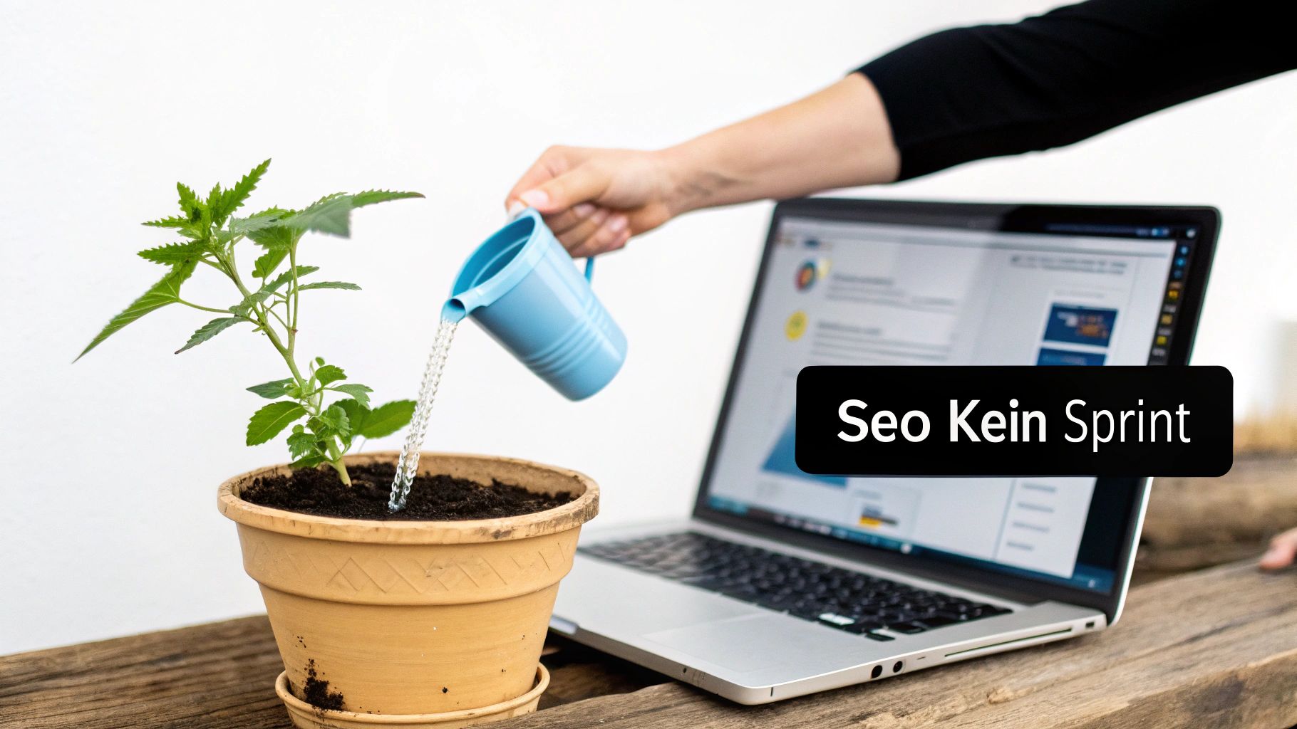 Hand gießt Pflanze neben Laptop mit 'Seo Kein Sprint' Text. Symbolisiert SEO-Wachstum und Geduld.