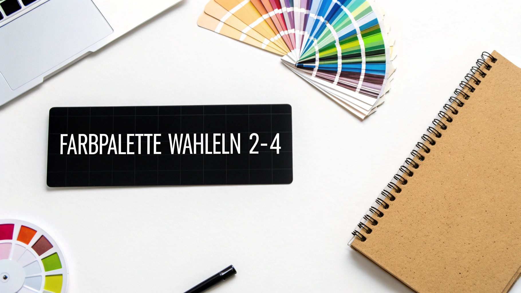 Ein Schreibtisch mit Laptop, Farbpaletten und einem Notizbuch. Auf einer schwarzen Tafel steht 'FARBPALETTE WAHLELN 2-4'.