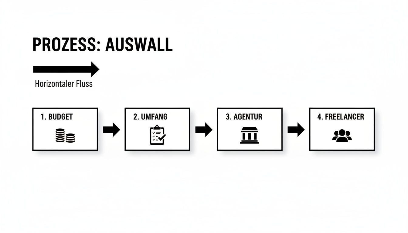 Diagramm zum Auswahlprozess mit Schritten für Budget, Umfang, Agentur und Freelancer in horizontalem Fluss.