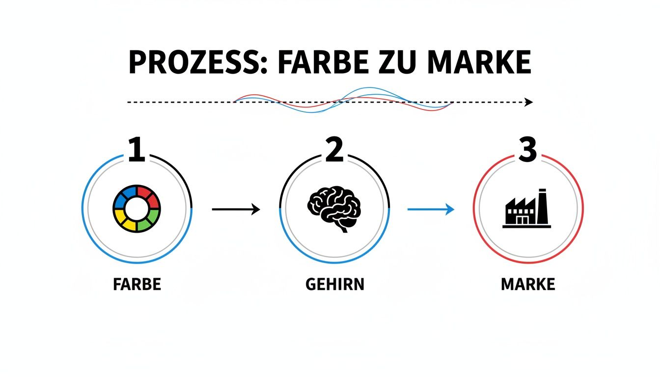 Infografik zeigt den Prozess von Farbe über das Gehirn zur Marke in drei Schritten mit Icons.