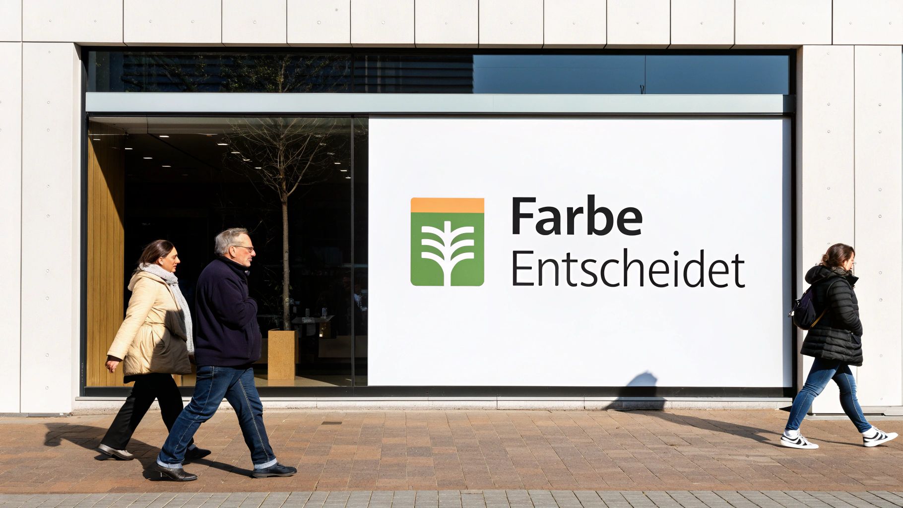 Drei Personen spazieren an einem Gebäude mit einem großen Schild mit dem Text 'Farbe Entscheidet' vorbei.