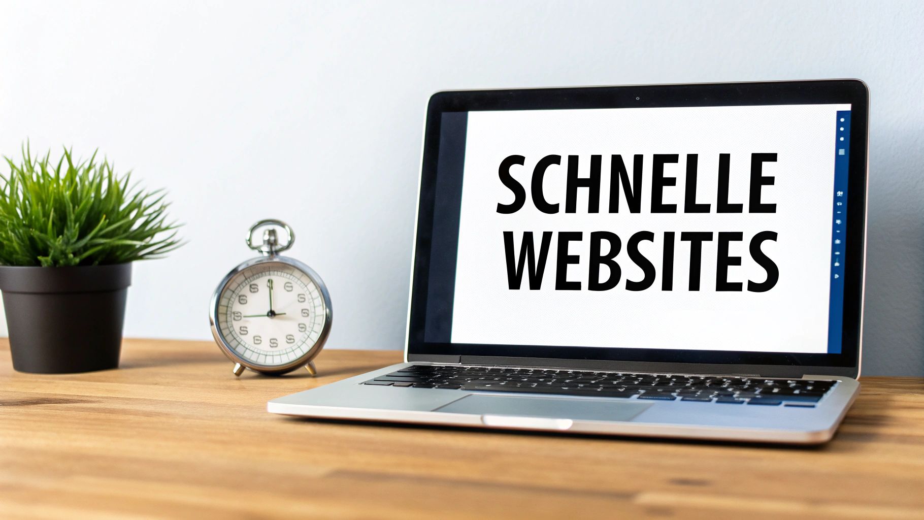 Laptop mit der Aufschrift 'SCHNELLE WEBSITES' auf dem Bildschirm, daneben eine Pflanze und eine Stoppuhr auf einem Holztisch.