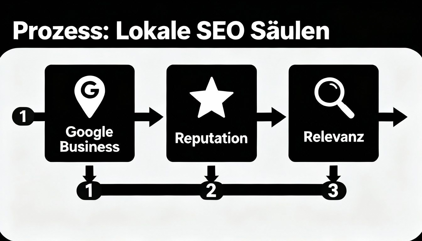 Flussdiagramm der drei Säulen des lokalen SEO-Prozesses: Google Business, Reputation und Relevanz.
