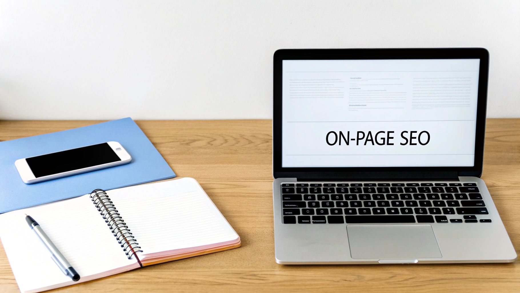 Ein Laptop zeigt "ON-PAGE SEO" auf dem Bildschirm, neben einem Smartphone und Notizbuch auf einem Holztisch.