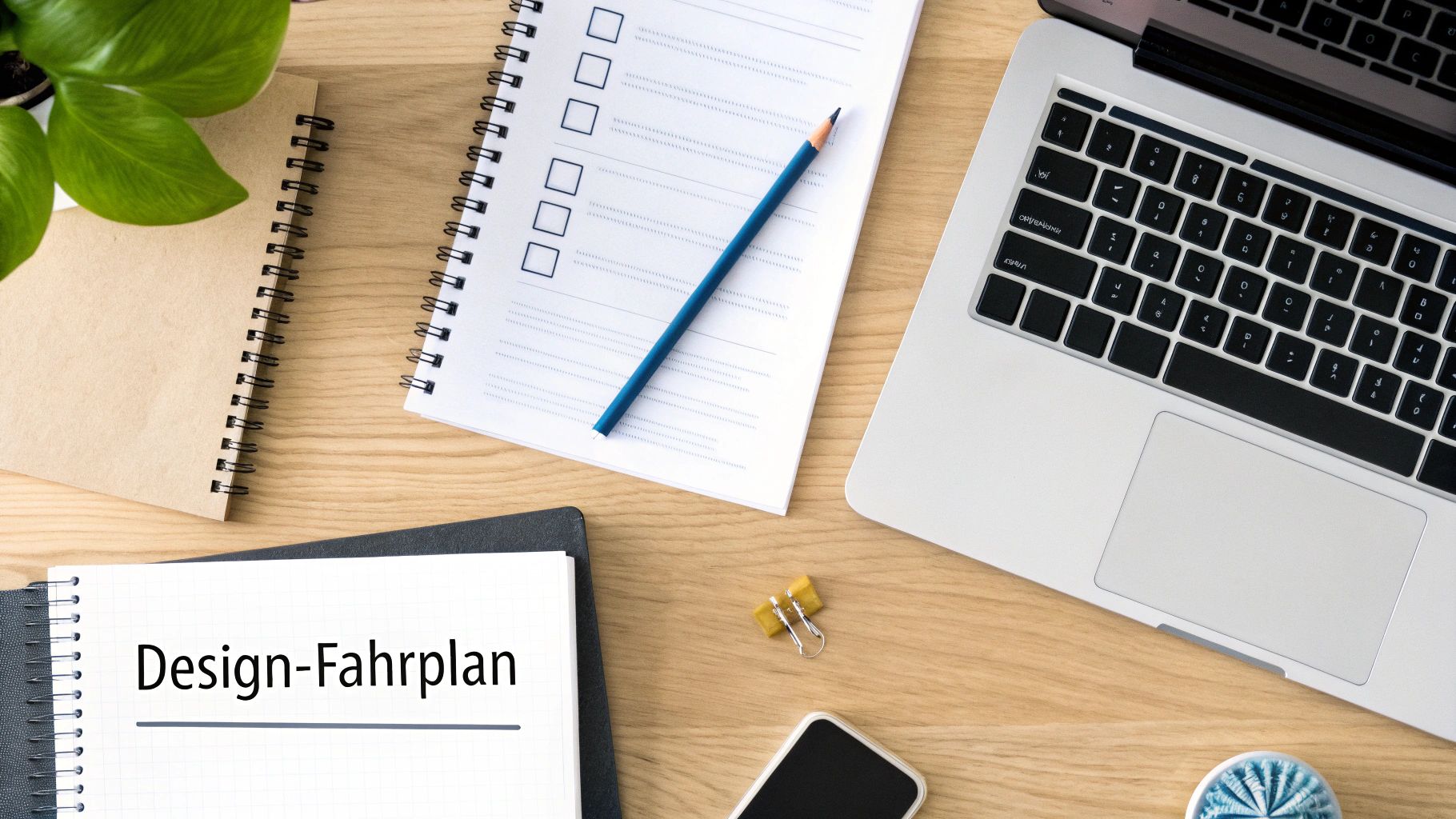 Arbeitsplatz-Flatlay mit Laptop, Notizbüchern, Bleistift und einem Notizbuch mit der Aufschrift 'Design-Fahrplan'.