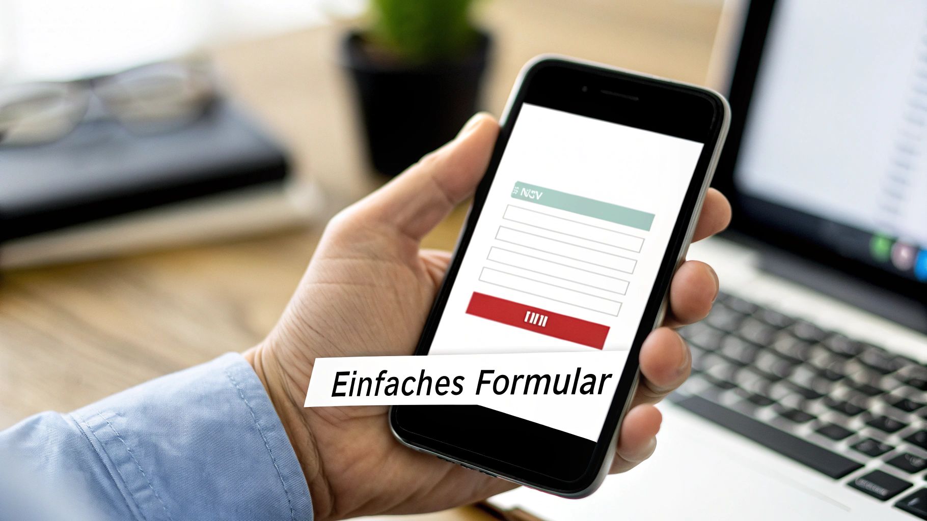 Nahaufnahme einer Hand, die ein Smartphone mit einem einfachen Online-Formular hält. Textlabel: 'Einfaches Formular'.
